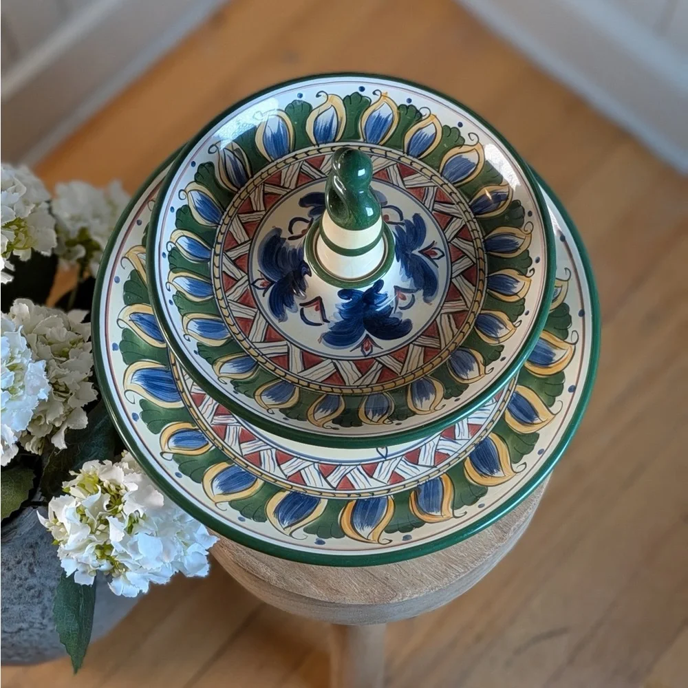 Tabletops Unlimited Deruta 2 Tier Serving Stand Italian Hand Painted Ceramic - Picture 2 of 8